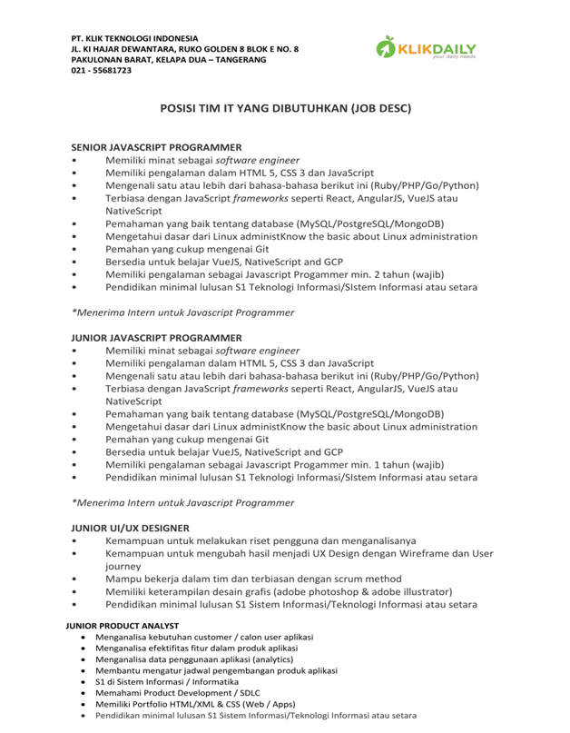 Senior JavaScript Programmer, Junior JavaScript Programmer, Junior UI/UX Designer, Junior Product An