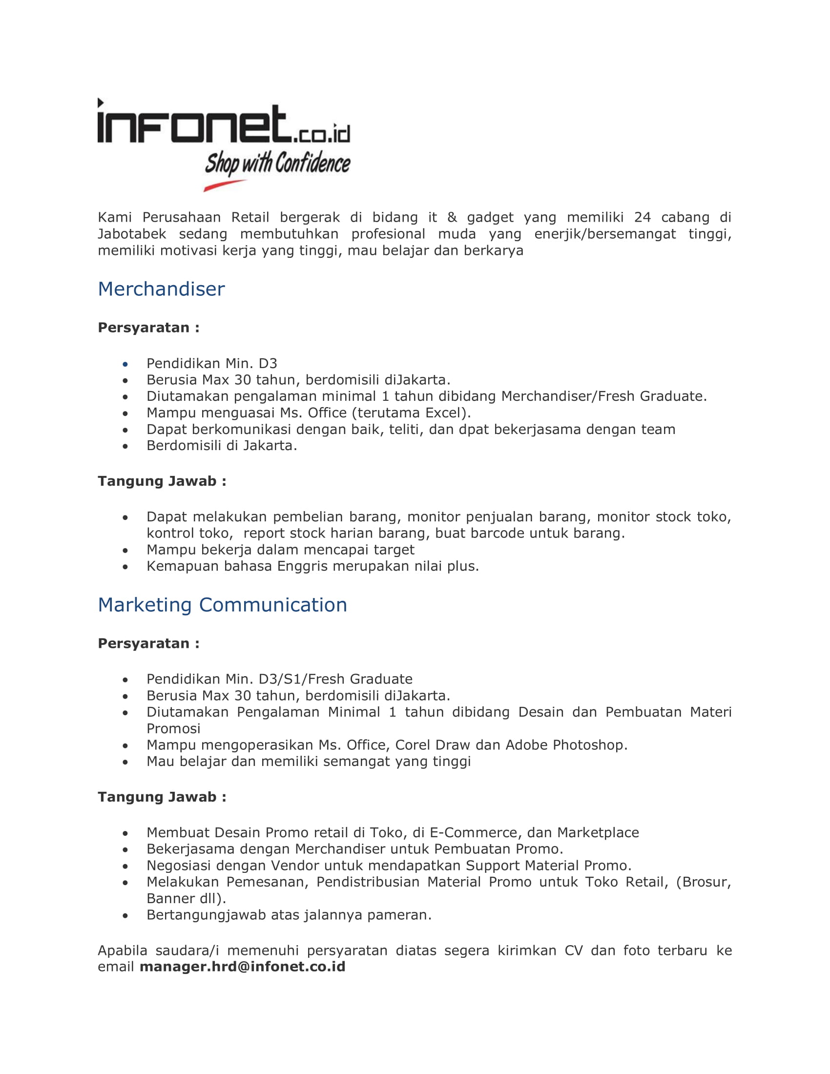 Sales E-Commerce, Koordiantor Modern Channel, Sales Retail, Merchandiser, Marketing Communication