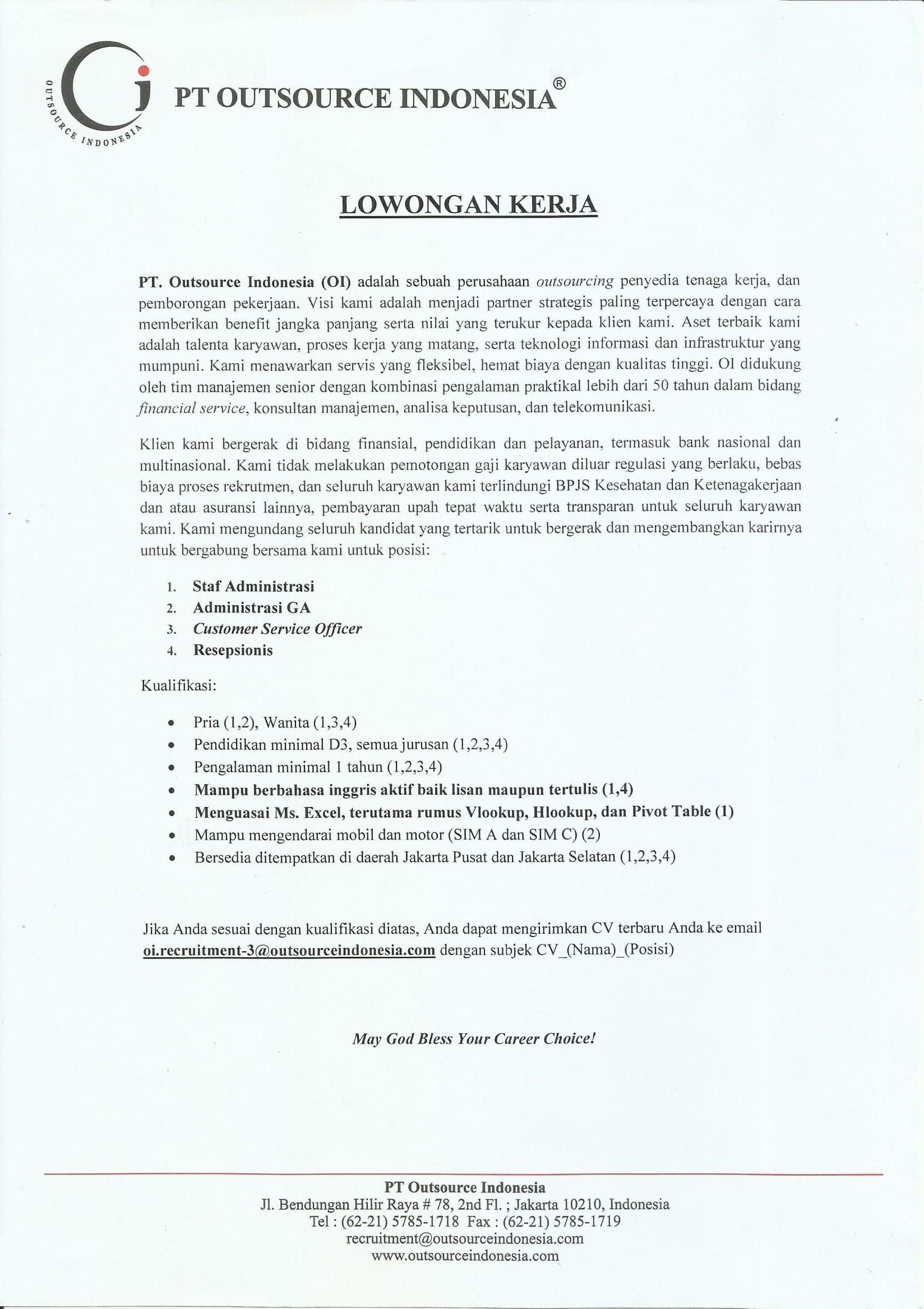 Staff Administrasi, Admin GA, Receptionist, Customer Service