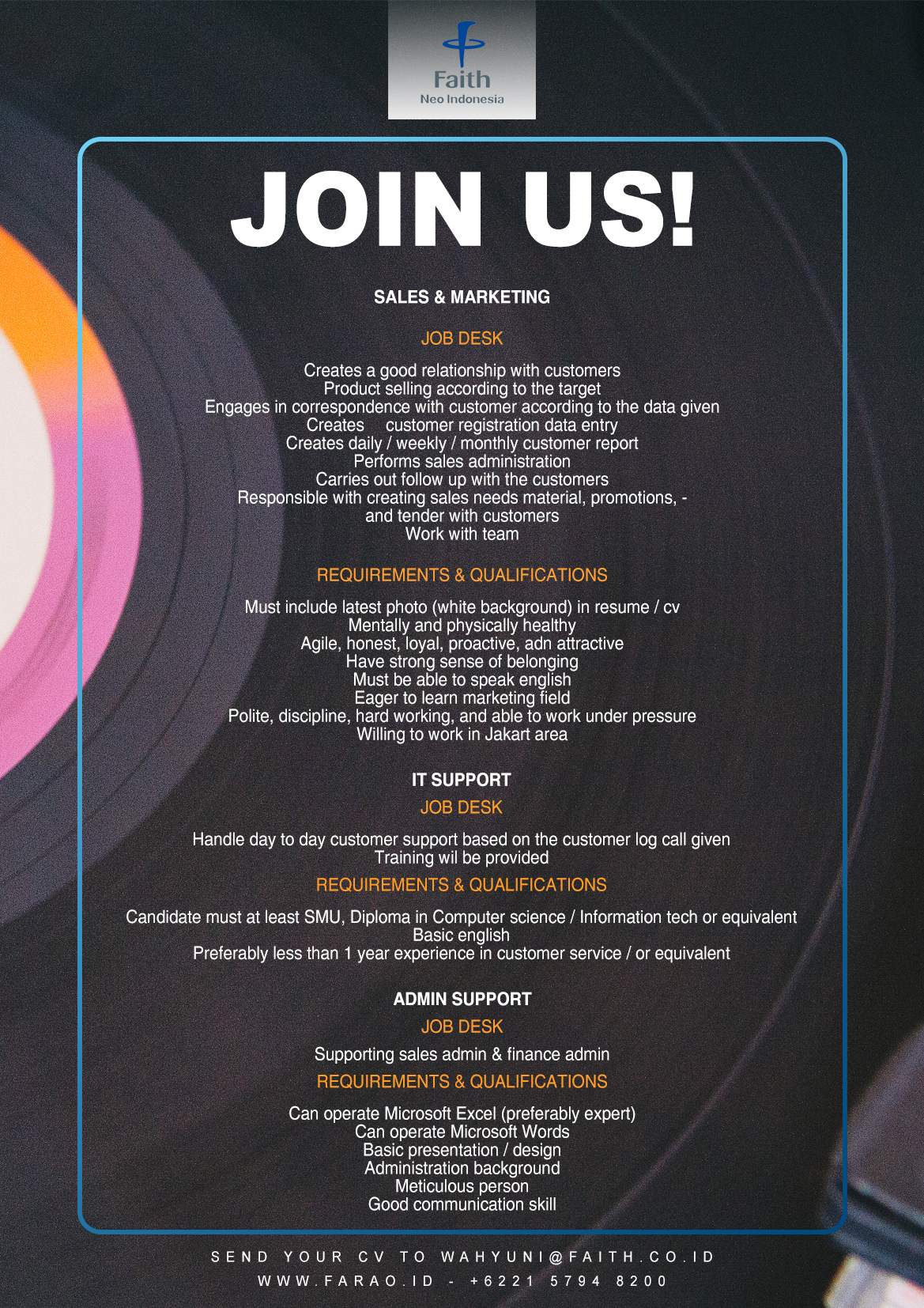 Sales Marketing, IT Support, Admin Support