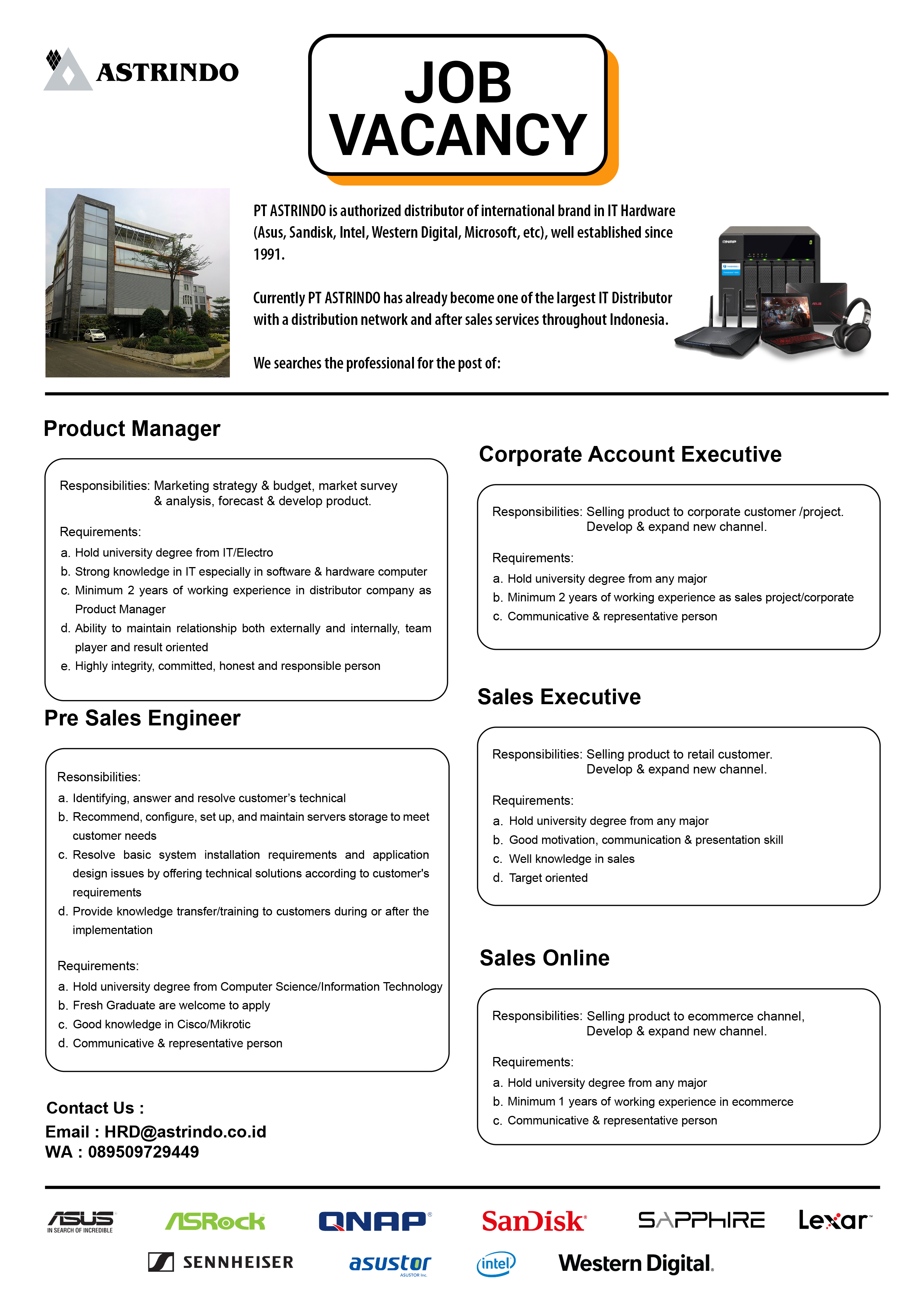 Product Manager, Pre Sales Engineer, Sales Executive, Etc