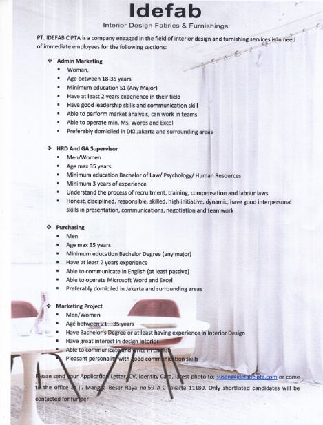 Admin Marketing, HRD and GA Supervisor, Purchasing, Marketing Project