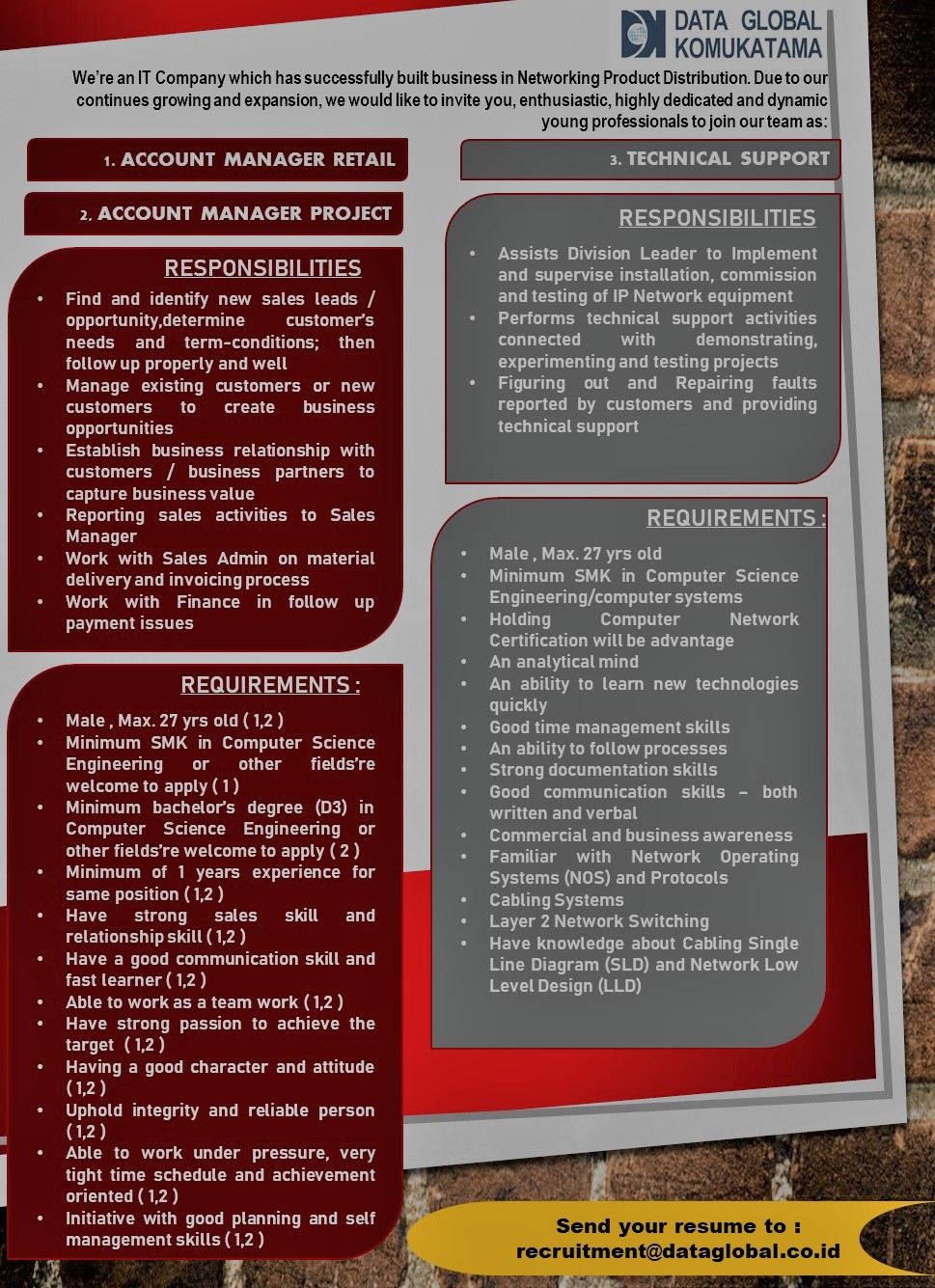 Account manager Retail, Account Manager Project, Technical Support