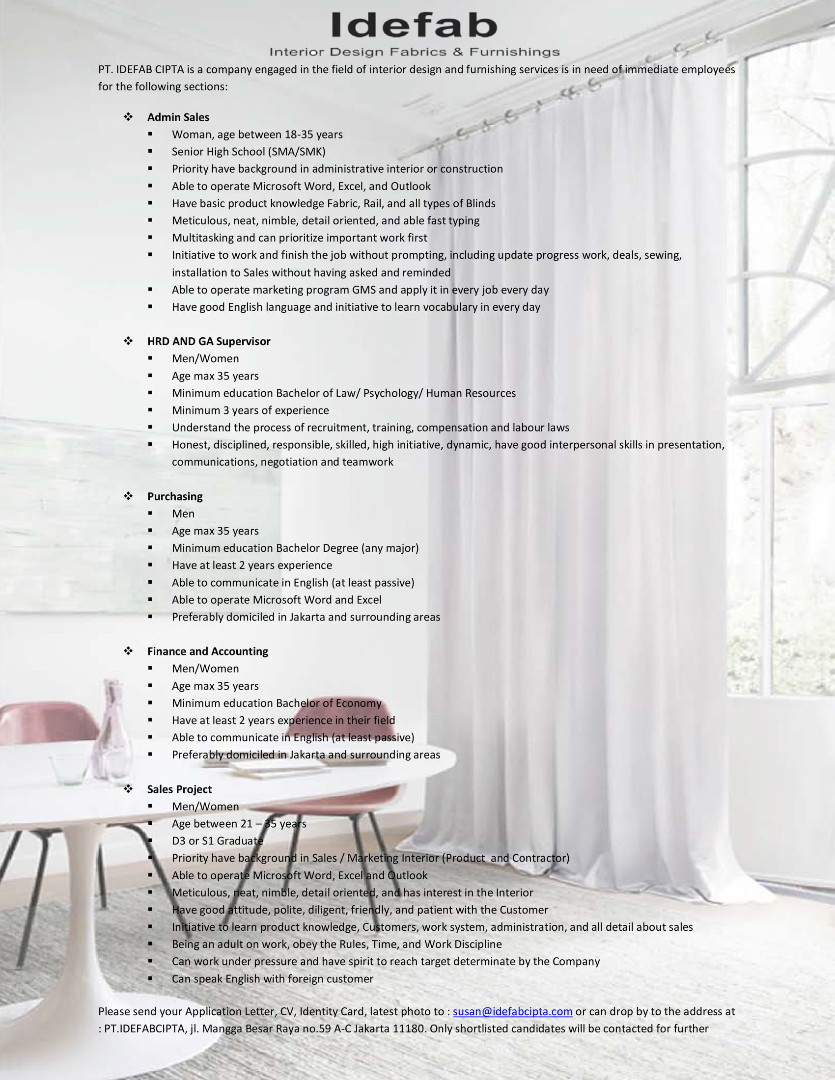Admin Sales, HRD and GA Supervisor, Purchasing, Finance and Accounting, Sales Project
