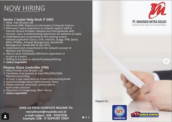 Senior/Junior Help Desk IT (HD),  Finance Stock Controller (FIN)