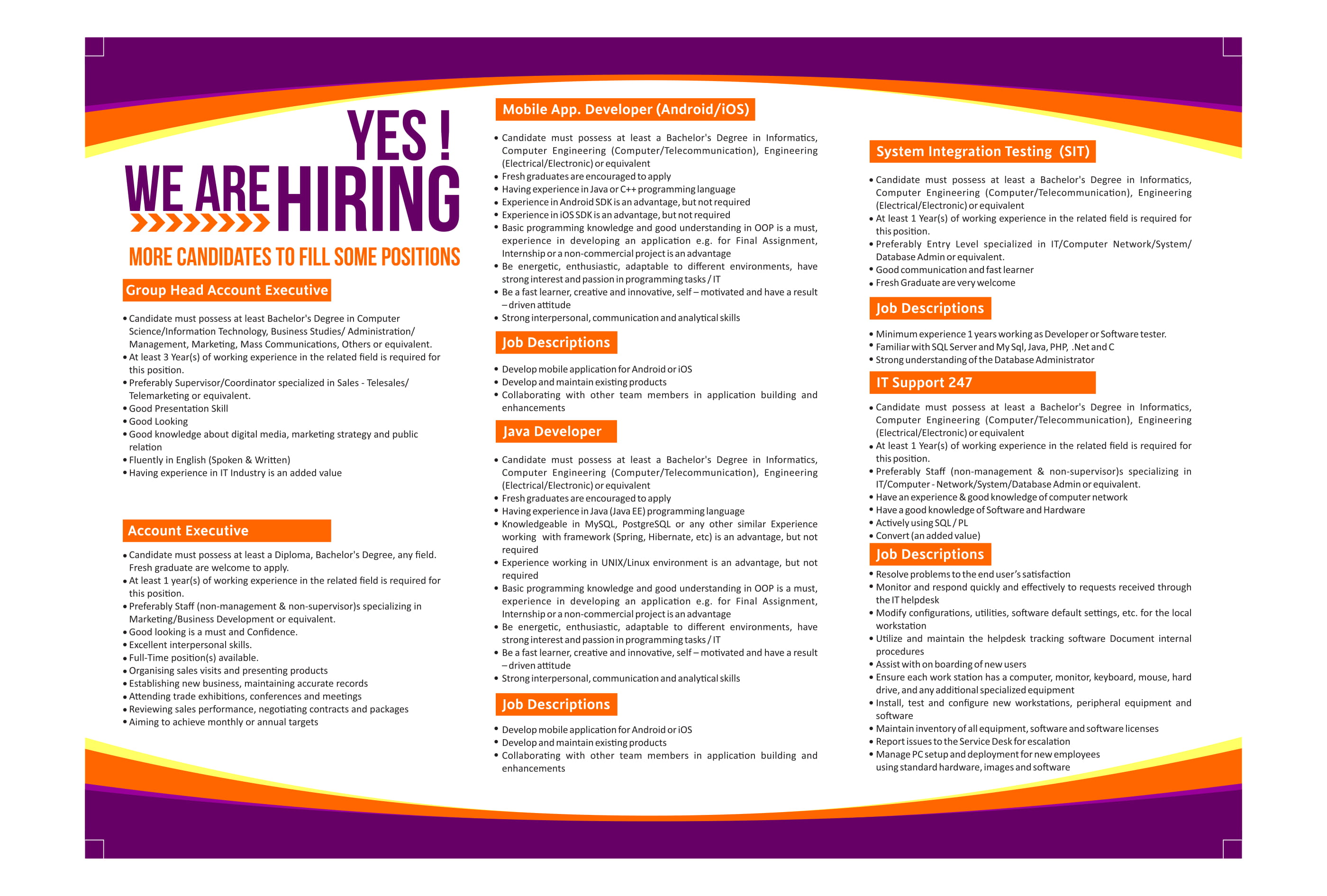 Group Head Account Executive, Account Executive, Mobile Developer (Android/ IOS), Java/PHP Developer