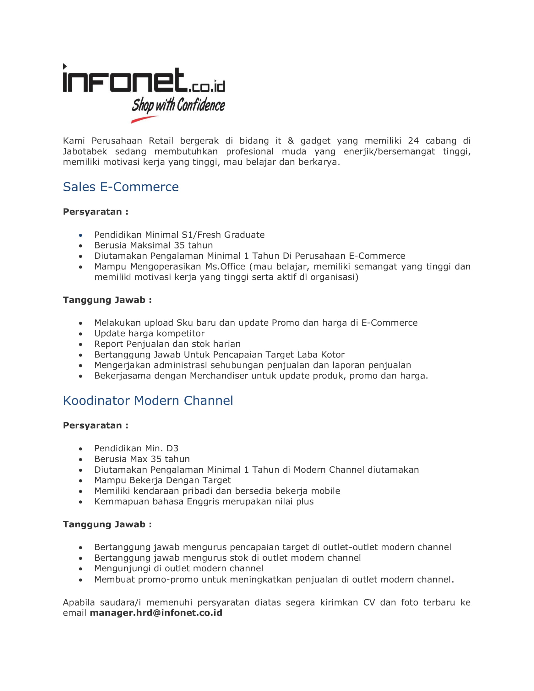 Sales E-Commerce, Koordiantor Modern Channel, Sales Retail, Merchandiser, Marketing Communication