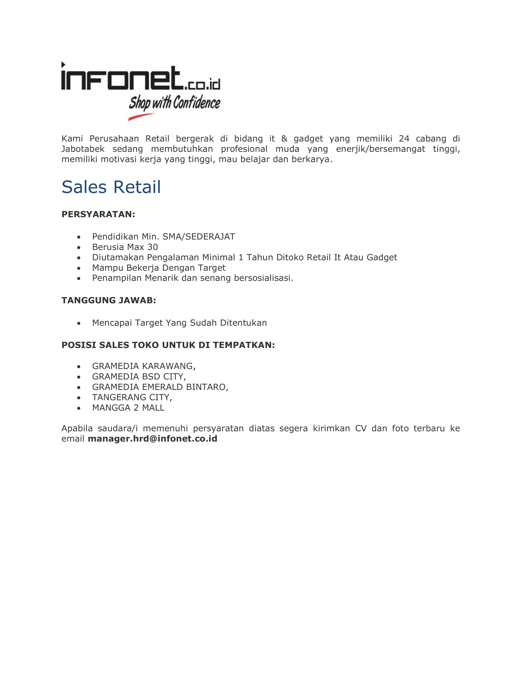 Sales E-Commerce, Koordiantor Modern Channel, Sales Retail, Merchandiser, Marketing Communication